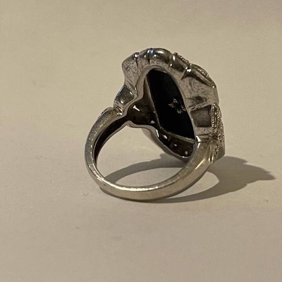 Art Deco style black onyx diamanté crystal sterling silver size 5.0 ring - Picture 5 of 11
